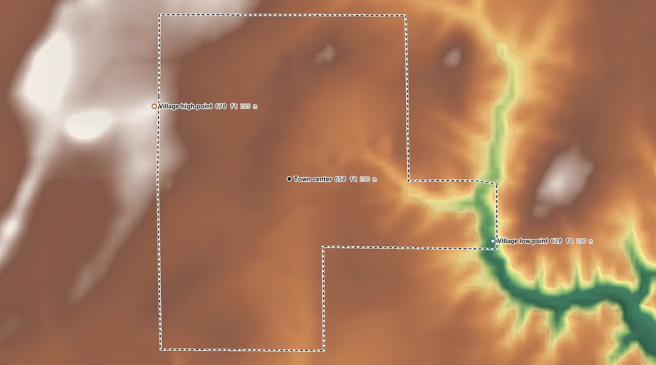 Topographic elevation map of Dorchester, Illinois, shaded from 620 ft on the east side to 670 ft on the northwest side
