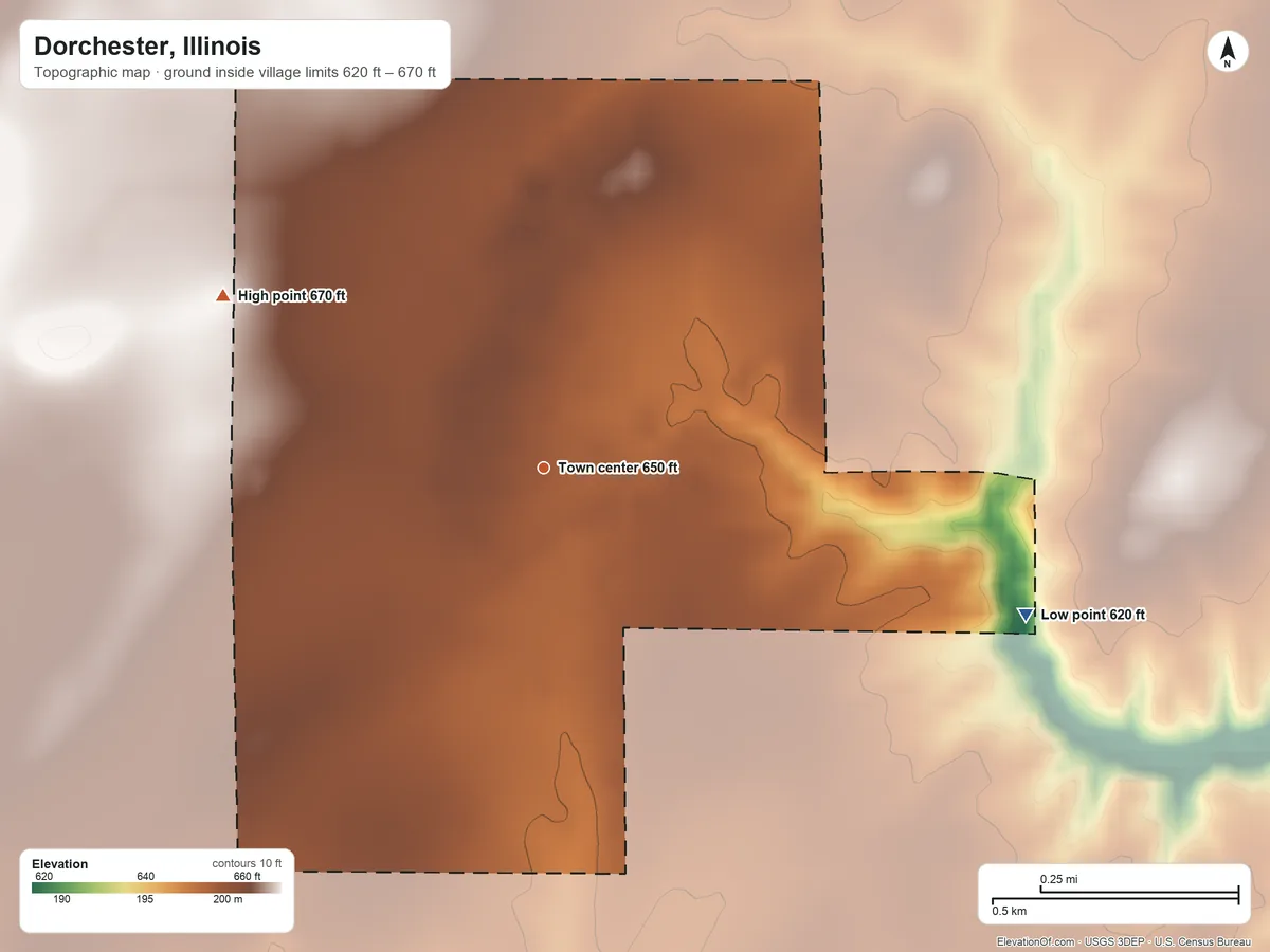 Topographic elevation map of Dorchester, Illinois, shaded from 620 ft on the east side to 670 ft on the northwest side