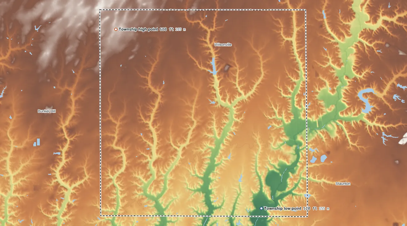 Topographic elevation map of Dorchester Township, Illinois, shaded from 510 ft on the southeast side to 680 ft on the northwest side