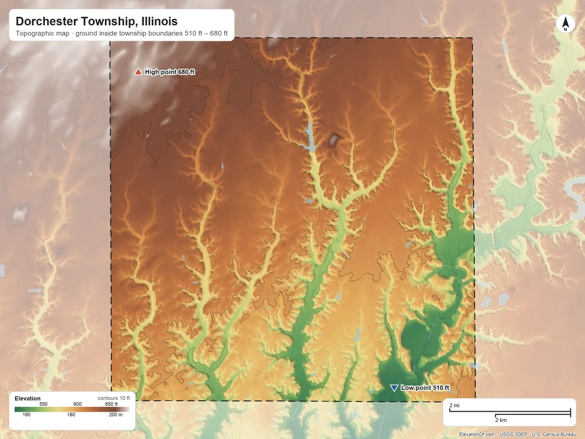 Topographic elevation map of Dorchester Township, Illinois, shaded from 510 ft on the southeast side to 680 ft on the northwest side