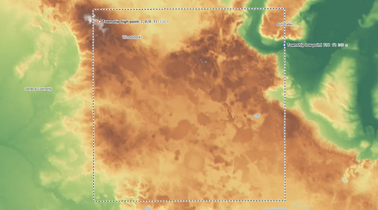 Topographic elevation map of Dorr Township, Illinois, shaded from 790 ft on the east side to 1,020 ft on the northwest side