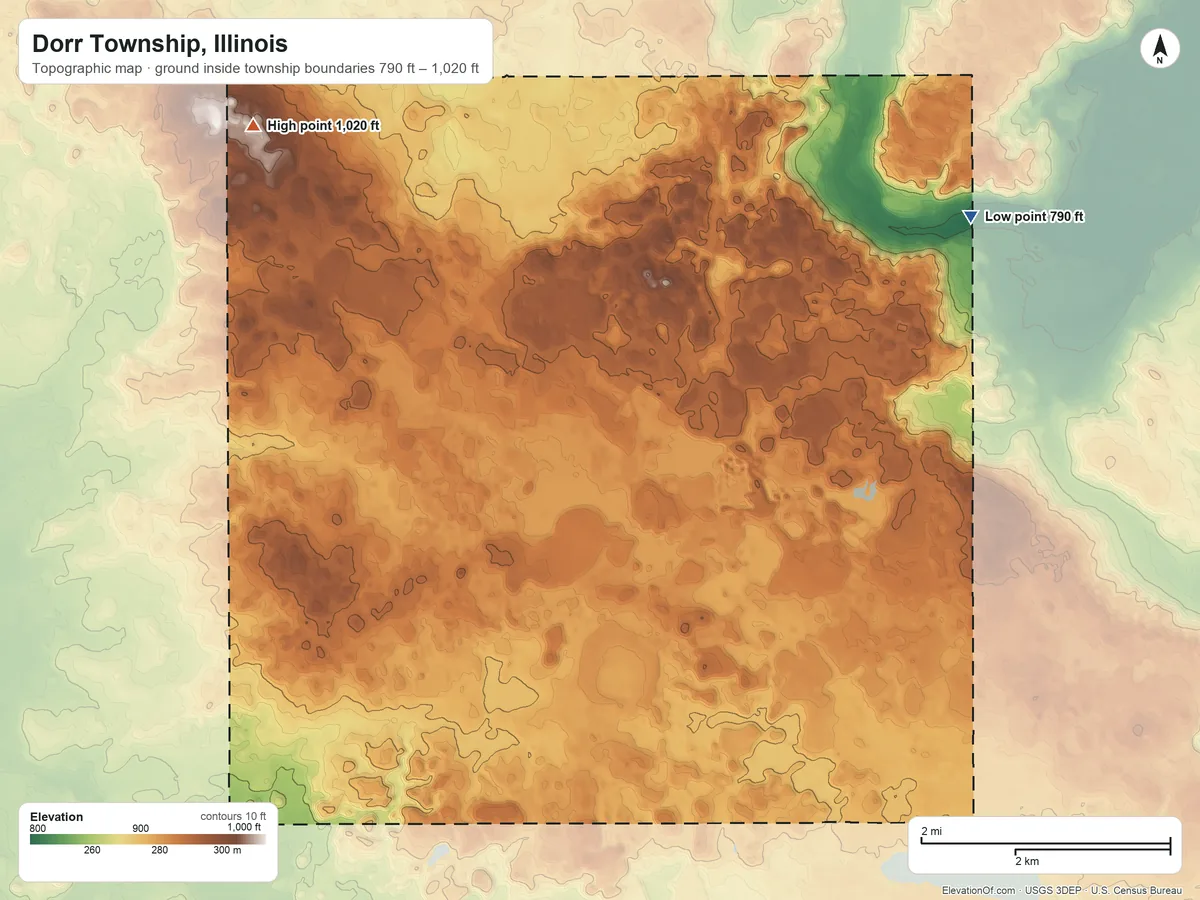 Topographic elevation map of Dorr Township, Illinois, shaded from 790 ft on the east side to 1,020 ft on the northwest side