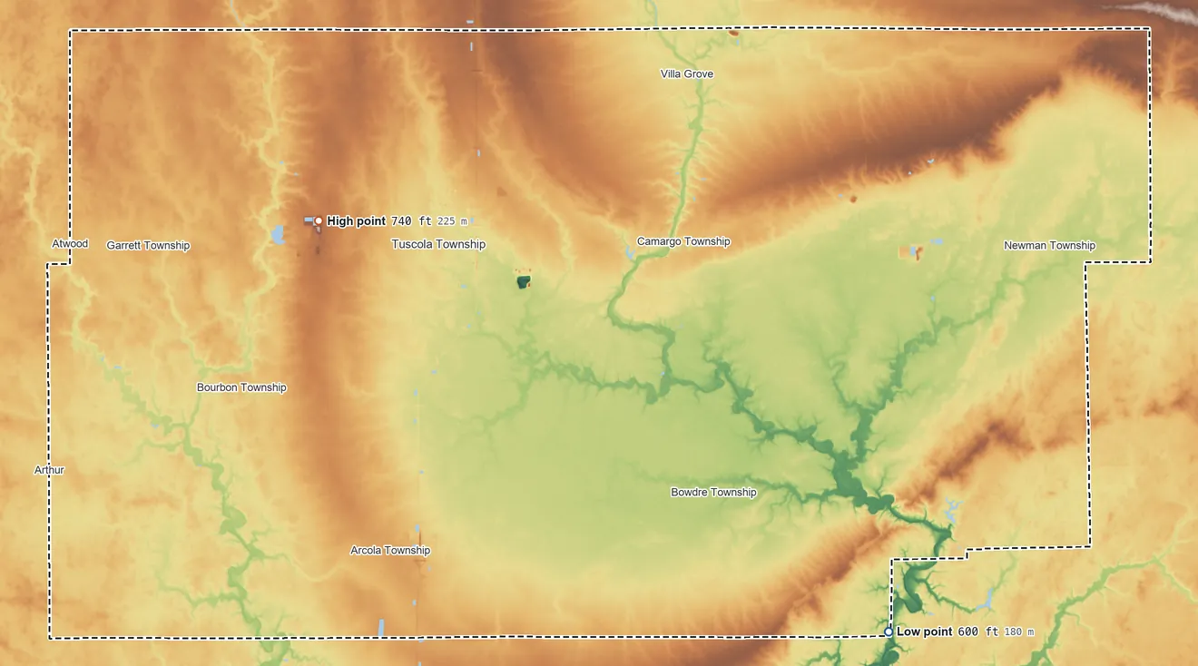 Topographic elevation map of Douglas County, Illinois, shaded from 600 ft on the southeast side to 740 ft on the west side