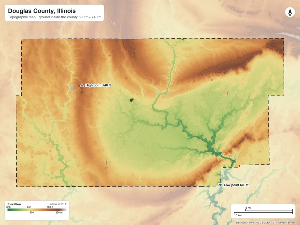 Topographic elevation map of Douglas County, Illinois, shaded from 600 ft on the southeast side to 740 ft on the west side