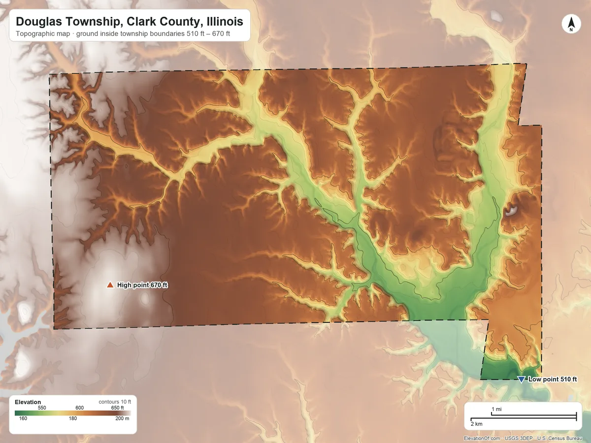 Topographic elevation map of Douglas Township, Clark County, Illinois, shaded from 510 ft on the southeast side to 670 ft on the southwest side