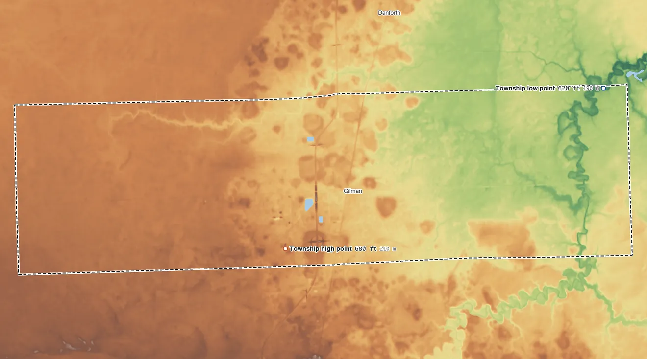 Topographic elevation map of Douglas Township, Iroquois County, Illinois, shaded from 620 ft on the east side to 680 ft on the southwest side