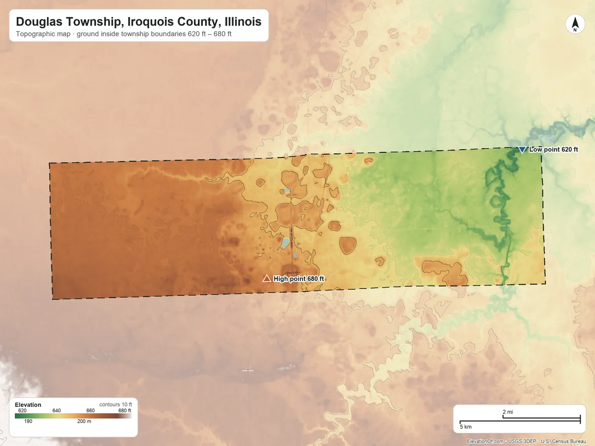 Topographic elevation map of Douglas Township, Iroquois County, Illinois, shaded from 620 ft on the east side to 680 ft on the southwest side