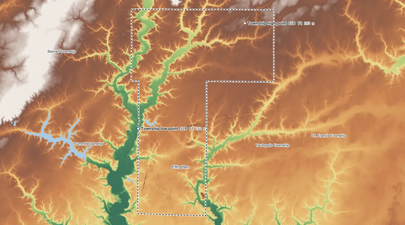 Topographic elevation map of Douglas Township, Illinois, shaded from 520 ft on the northwest side to 650 ft on the northeast side