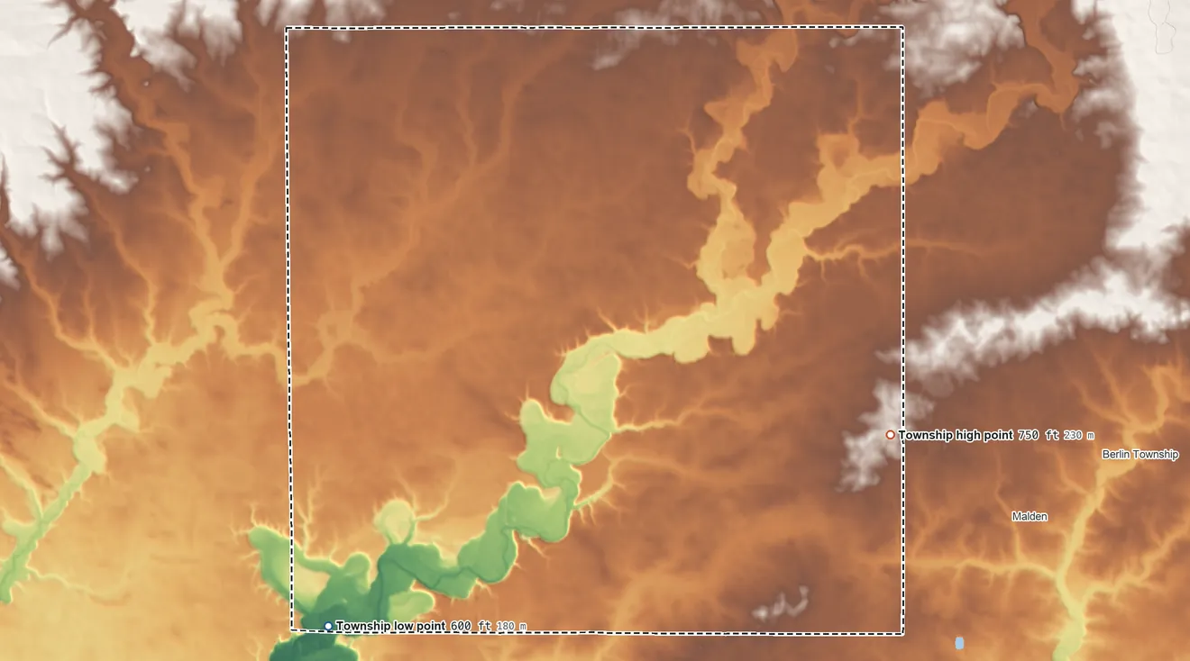 Topographic elevation map of Dover Township, Illinois, shaded from 600 ft on the southwest side to 750 ft on the southeast side