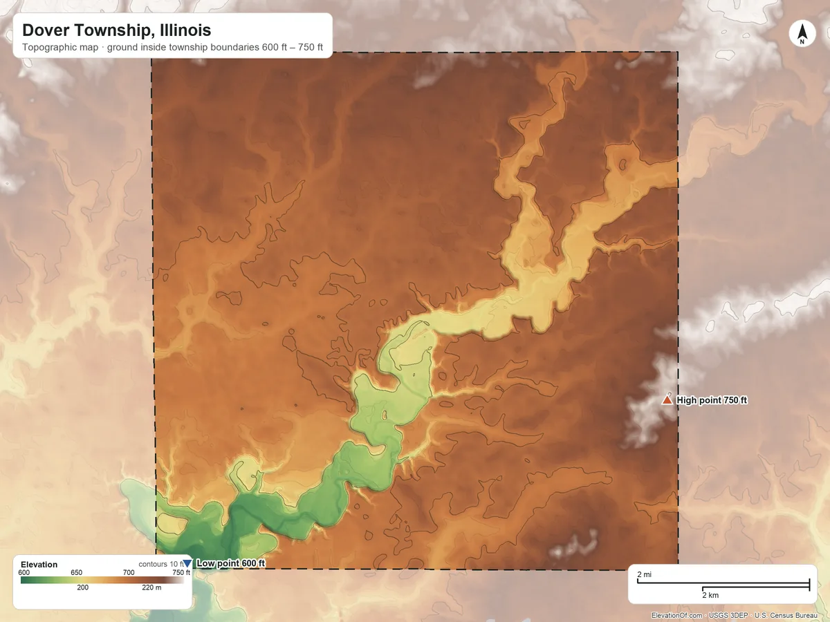Topographic elevation map of Dover Township, Illinois, shaded from 600 ft on the southwest side to 750 ft on the southeast side
