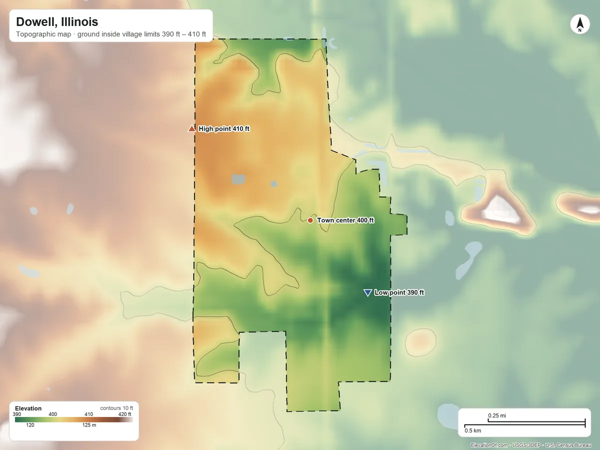 Topographic elevation map of Dowell, Illinois, shaded from 390 ft on the southeast side to 410 ft on the northwest side