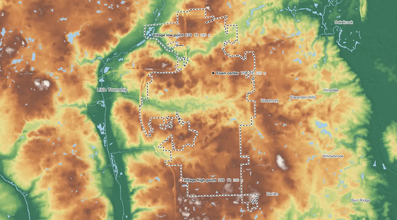 Topographic elevation map of Downers Grove, Illinois, shaded from 670 ft on the northwest side to 790 ft on the south side