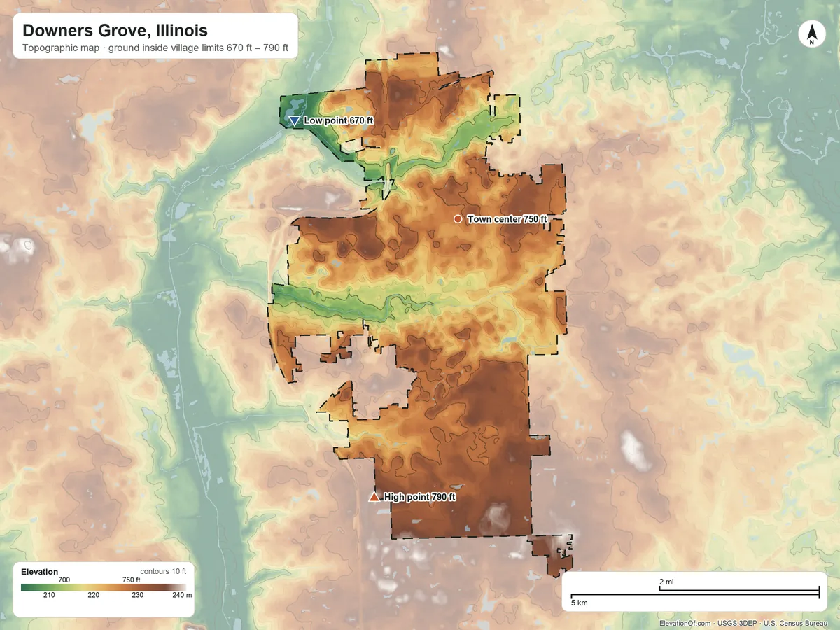 Topographic elevation map of Downers Grove, Illinois, shaded from 670 ft on the northwest side to 790 ft on the south side