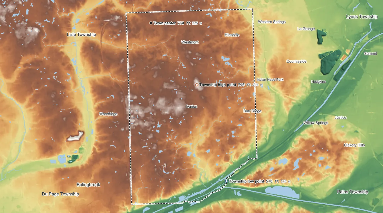 Topographic elevation map of Downers Grove Township, Illinois, shaded from 570 ft on the southeast side to 790 ft on the southeast side