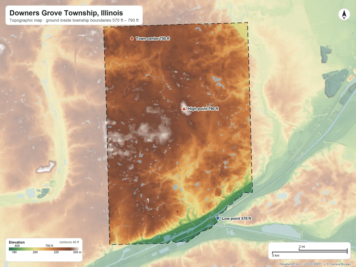 Topographic elevation map of Downers Grove Township, Illinois, shaded from 570 ft on the southeast side to 790 ft on the southeast side