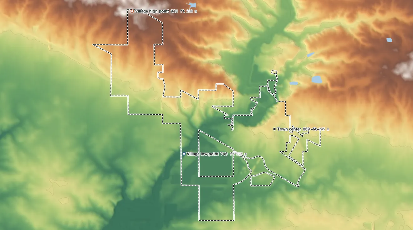 Topographic elevation map of Downs, Illinois, shaded from 740 ft on the west side to 910 ft on the northwest side