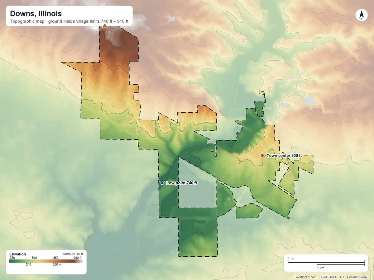 Topographic elevation map of Downs, Illinois, shaded from 740 ft on the west side to 910 ft on the northwest side