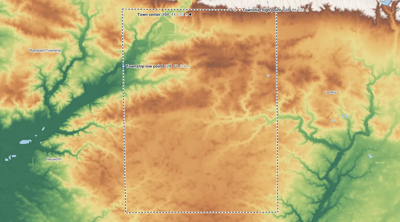 Topographic elevation map of Downs Township, Illinois, shaded from 720 ft on the southwest side to 840 ft on the east side