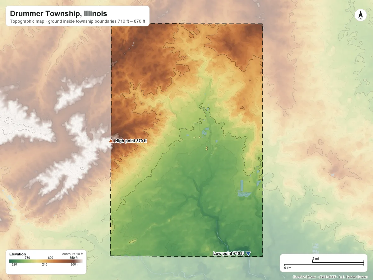 Topographic elevation map of Drummer Township, Illinois, shaded from 710 ft on the south side to 870 ft on the west side