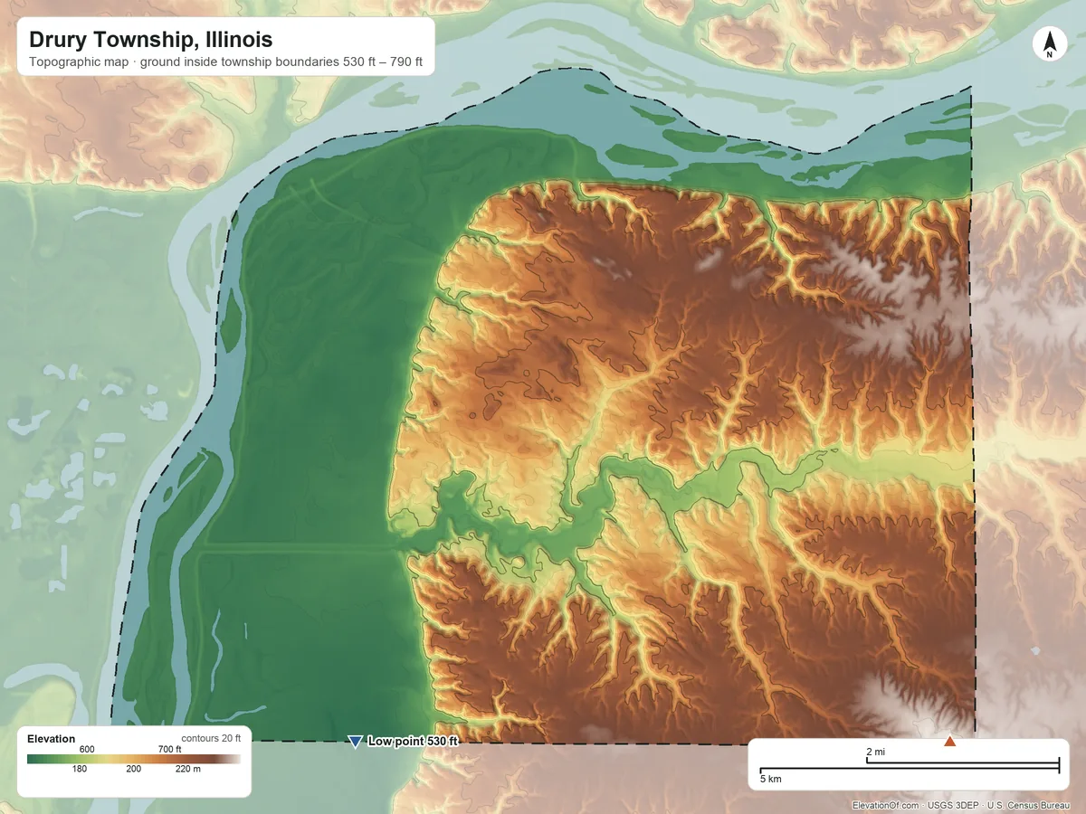 Topographic elevation map of Drury Township, Illinois, shaded from 530 ft on the southwest side to 790 ft on the southeast side