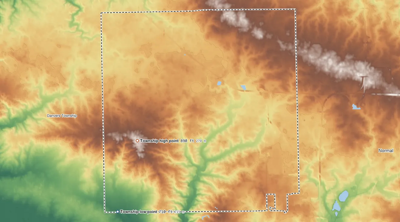 Topographic elevation map of Dry Grove Township, Illinois, shaded from 710 ft on the southwest side to 890 ft on the northwest side