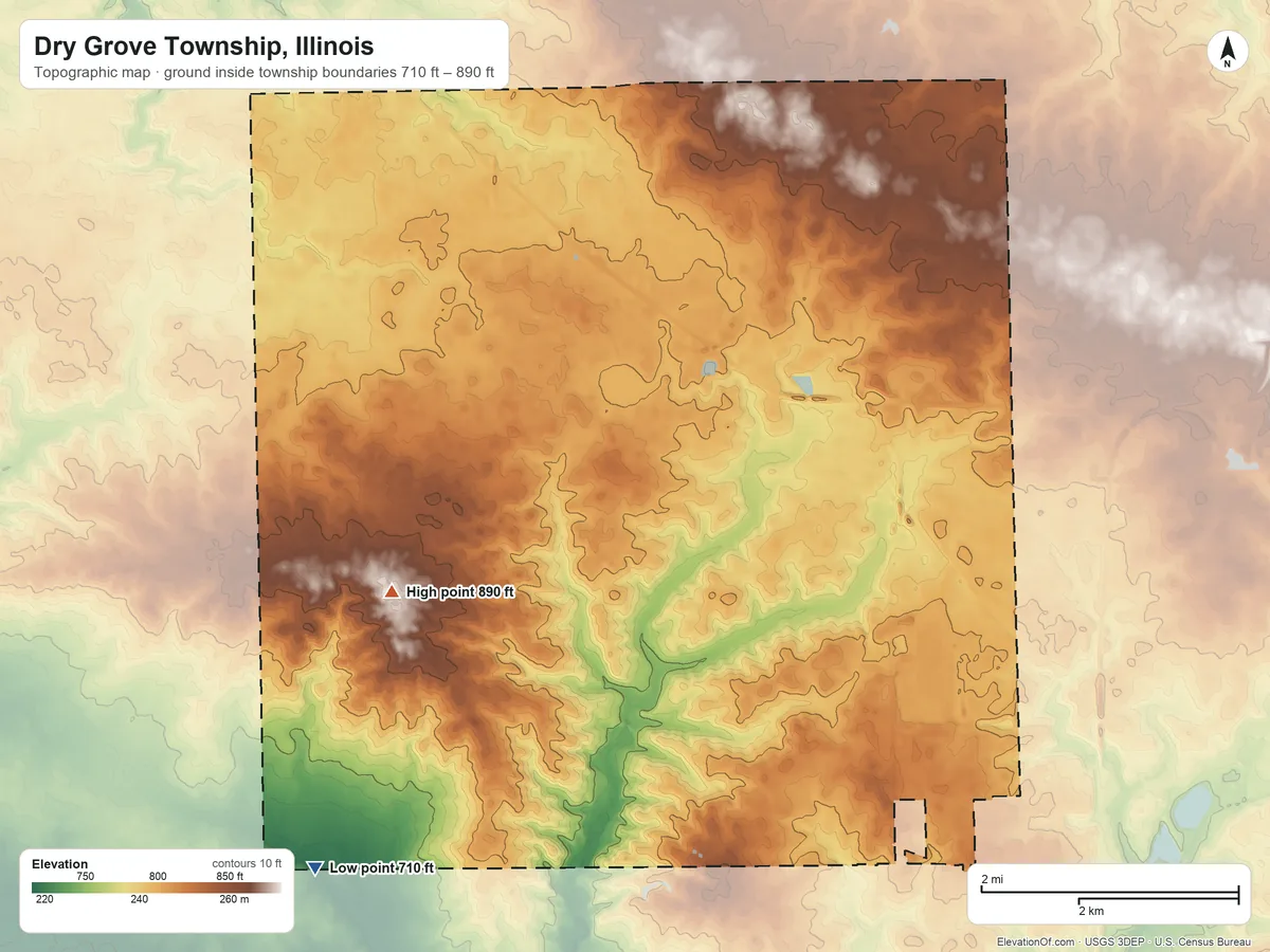 Topographic elevation map of Dry Grove Township, Illinois, shaded from 710 ft on the southwest side to 890 ft on the northwest side