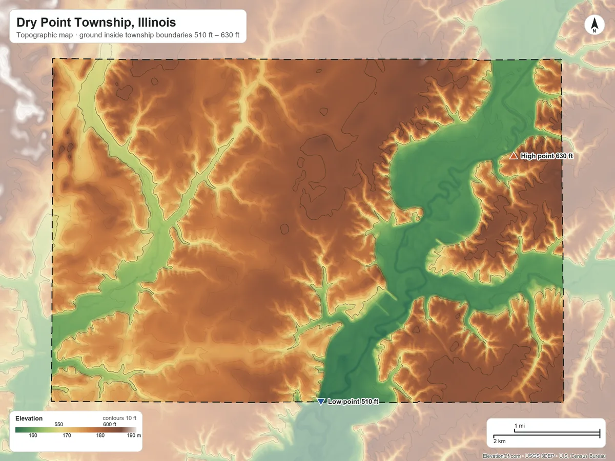 Topographic elevation map of Dry Point Township, Illinois, shaded from 510 ft on the south side to 630 ft on the east side