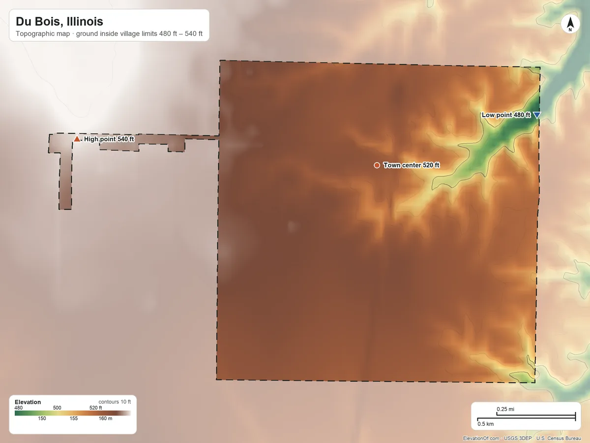 Topographic elevation map of Du Bois, Illinois, shaded from 480 ft on the east side to 540 ft on the west side