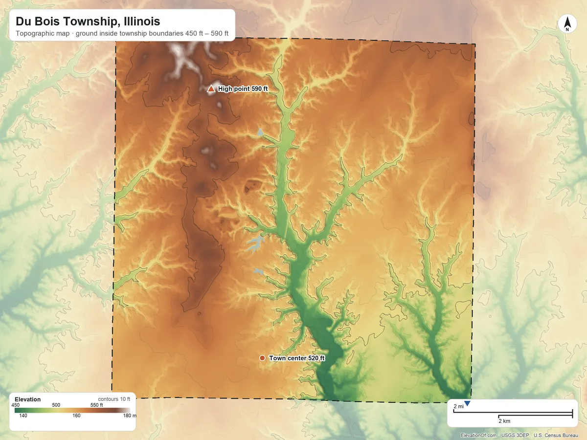 Topographic elevation map of Du Bois Township, Illinois, shaded from 450 ft on the east side to 590 ft on the north side