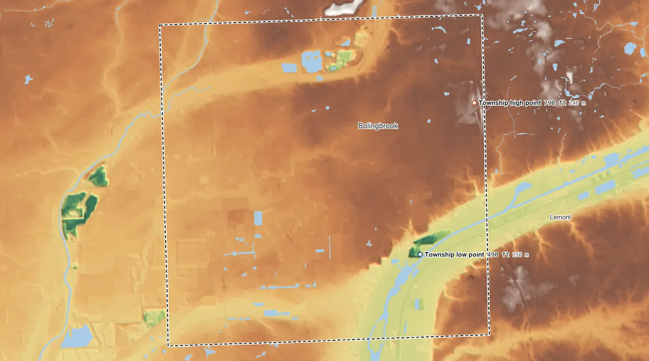 Topographic elevation map of Du Page Township, Illinois, shaded from 490 ft on the southeast side to 790 ft on the east side