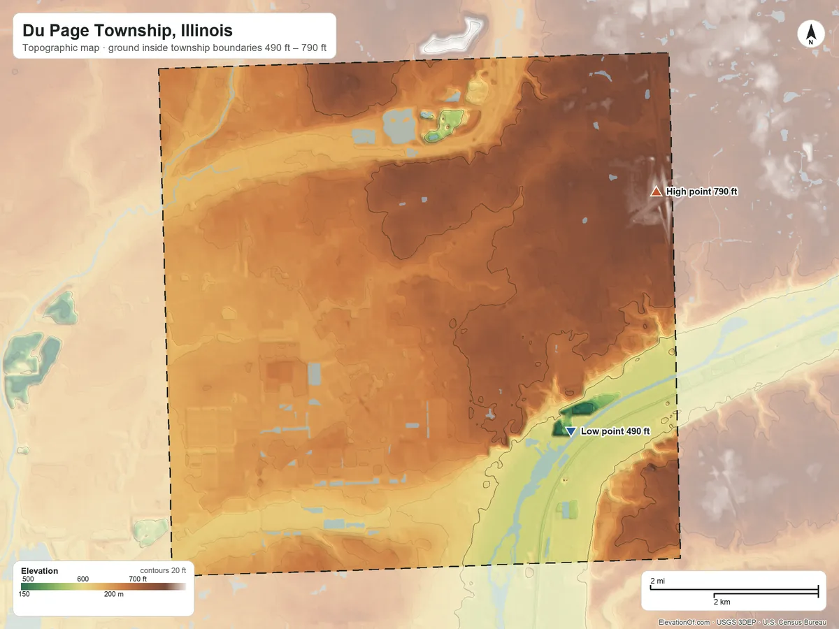 Topographic elevation map of Du Page Township, Illinois, shaded from 490 ft on the southeast side to 790 ft on the east side