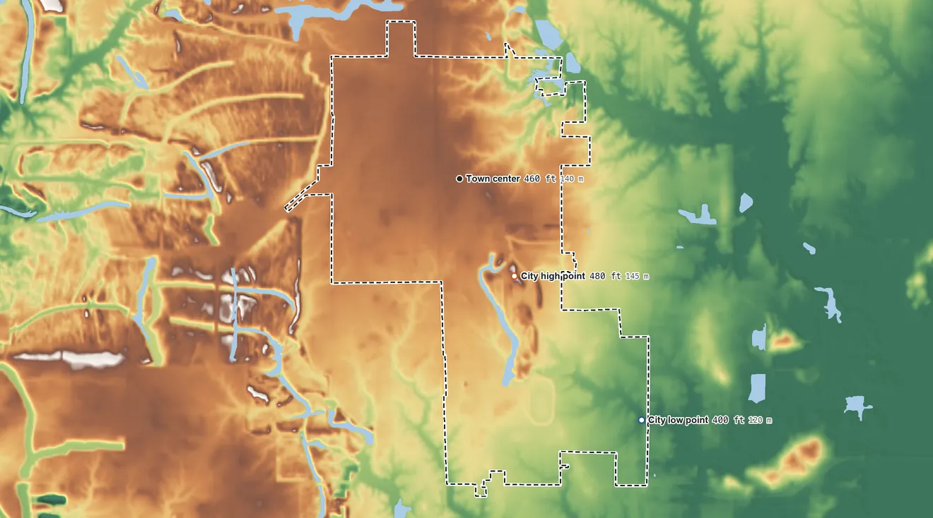Topographic elevation map of Du Quoin, Illinois, shaded from 400 ft on the southeast side to 480 ft on the southeast side