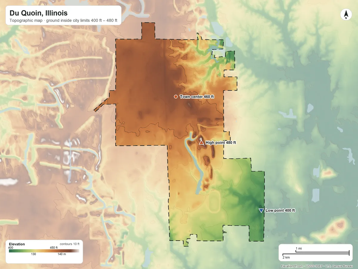 Topographic elevation map of Du Quoin, Illinois, shaded from 400 ft on the southeast side to 480 ft on the southeast side