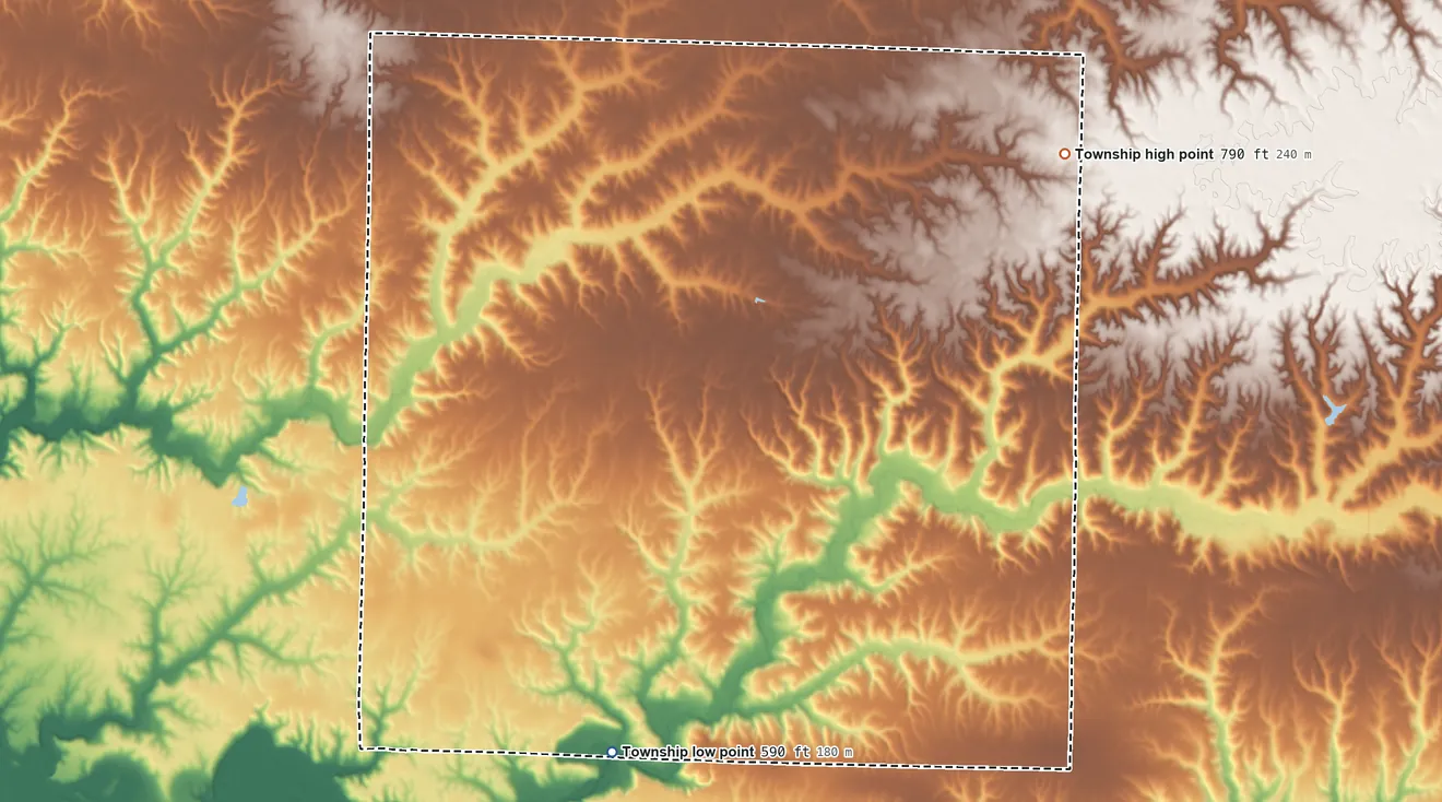Topographic elevation map of Duncan Township, Illinois, shaded from 590 ft on the south side to 790 ft on the east side