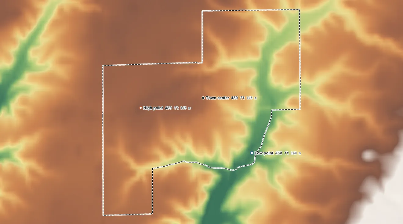 Topographic elevation map of Dundas, Illinois, shaded from 450 ft on the southeast side to 480 ft on the west side