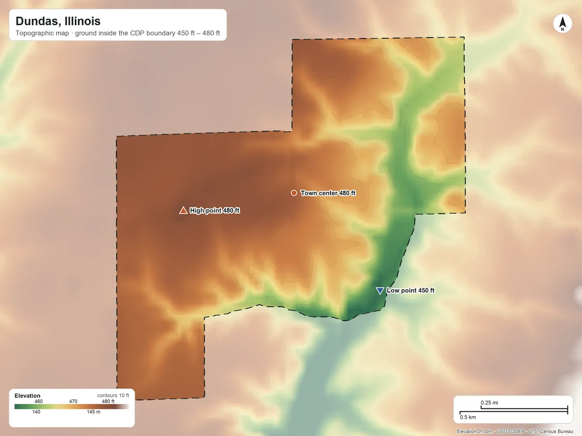 Topographic elevation map of Dundas, Illinois, shaded from 450 ft on the southeast side to 480 ft on the west side