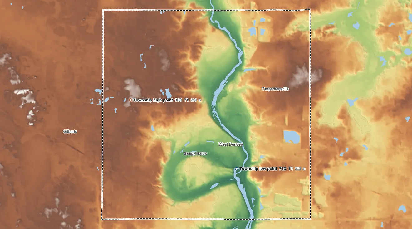 Topographic elevation map of Dundee Township, Illinois, shaded from 710 ft on the south side to 960 ft on the west side