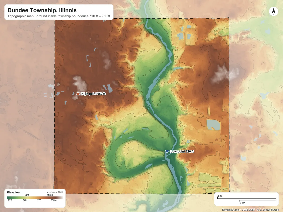 Topographic elevation map of Dundee Township, Illinois, shaded from 710 ft on the south side to 960 ft on the west side