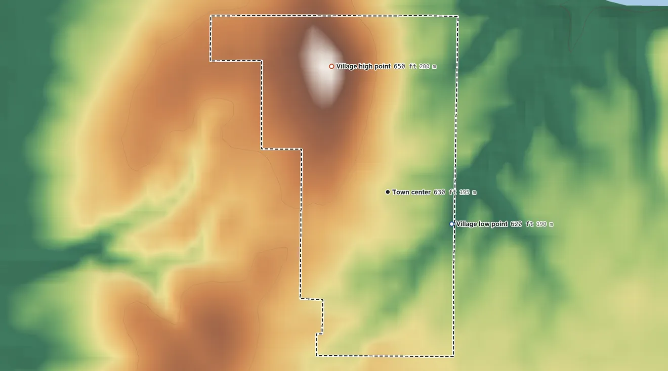 Topographic elevation map of Dunfermline, Illinois, shaded from 620 ft on the southeast side to 650 ft on the northwest side