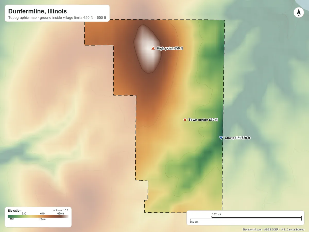 Topographic elevation map of Dunfermline, Illinois, shaded from 620 ft on the southeast side to 650 ft on the northwest side