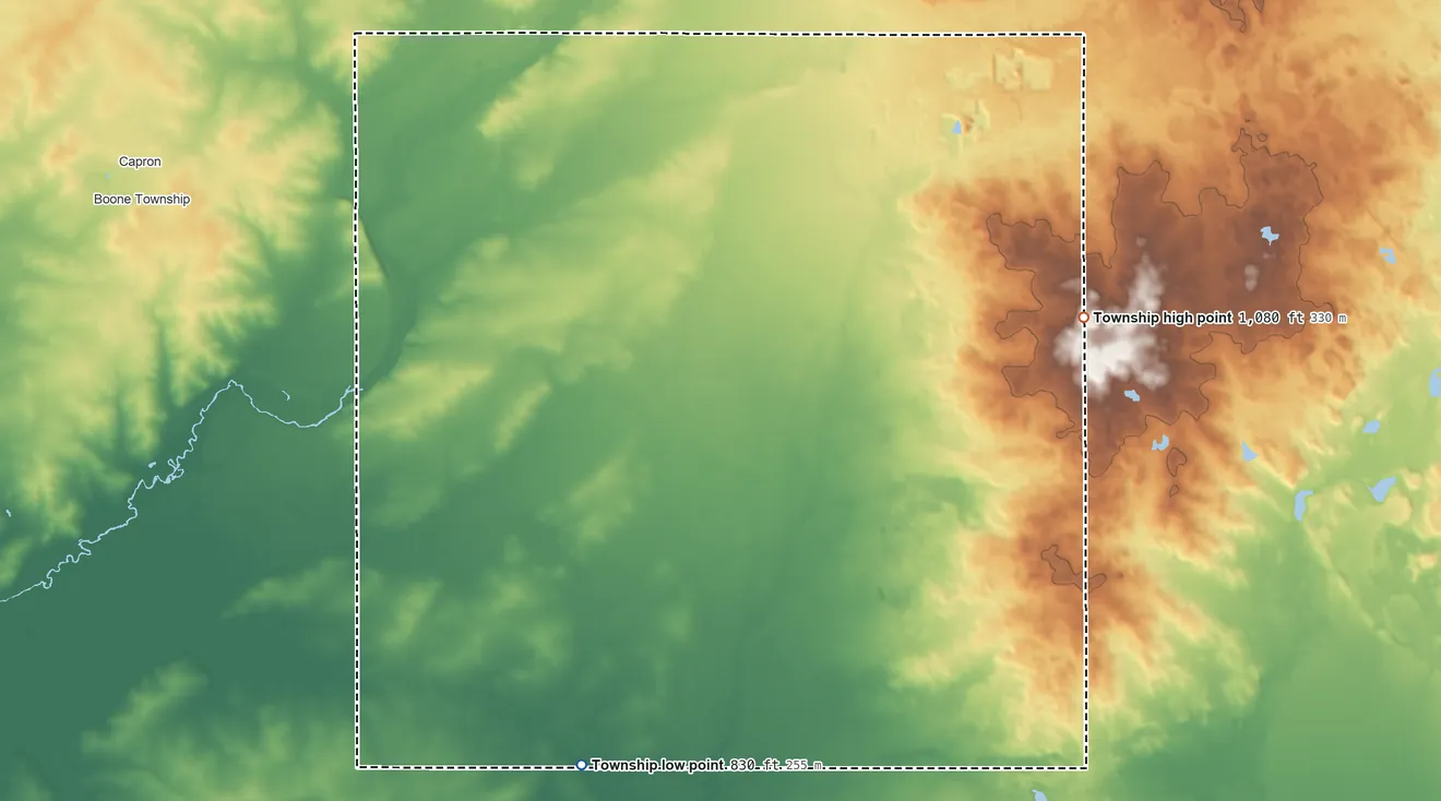 Topographic elevation map of Dunham Township, Illinois, shaded from 830 ft on the southwest side to 1,080 ft on the southeast side