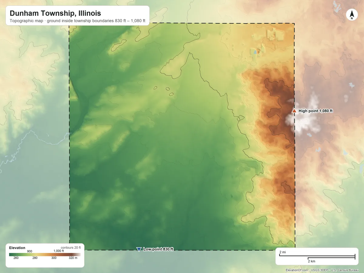 Topographic elevation map of Dunham Township, Illinois, shaded from 830 ft on the southwest side to 1,080 ft on the southeast side