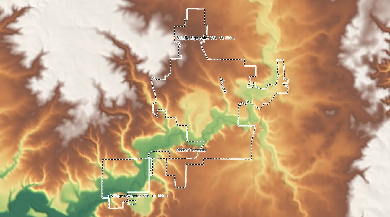 Topographic elevation map of Dunlap, Illinois, shaded from 590 ft on the southwest side to 750 ft near the middle