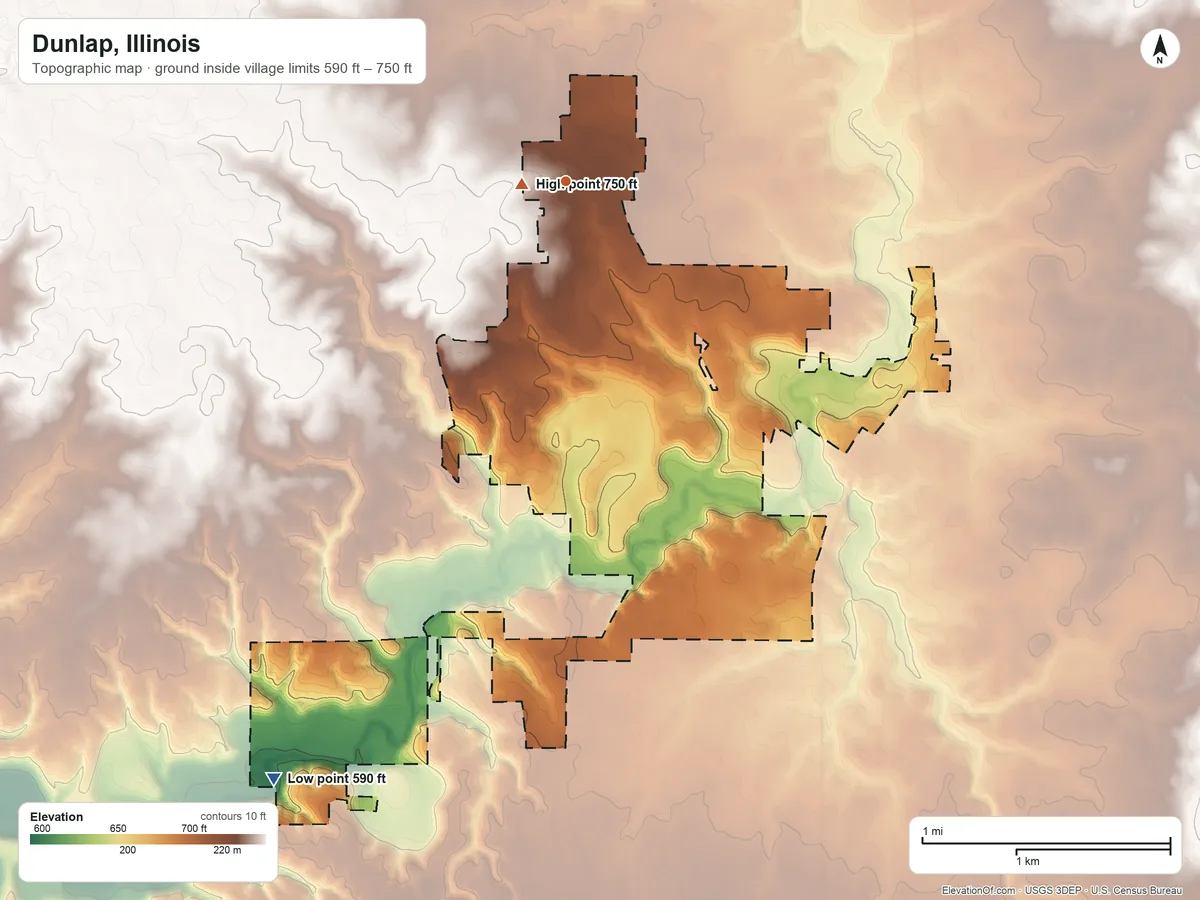 Topographic elevation map of Dunlap, Illinois, shaded from 590 ft on the southwest side to 750 ft near the middle
