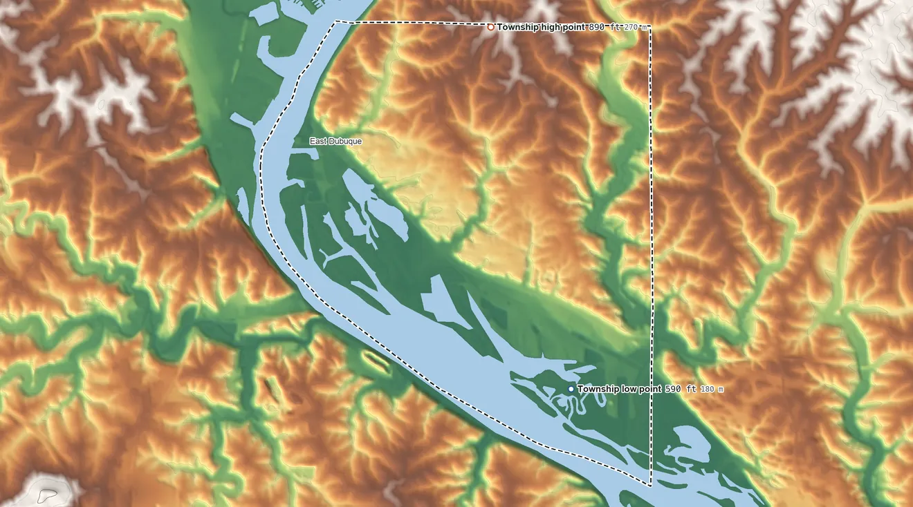Topographic elevation map of Dunleith Township, Illinois, shaded from 590 ft on the southeast side to 890 ft on the north side