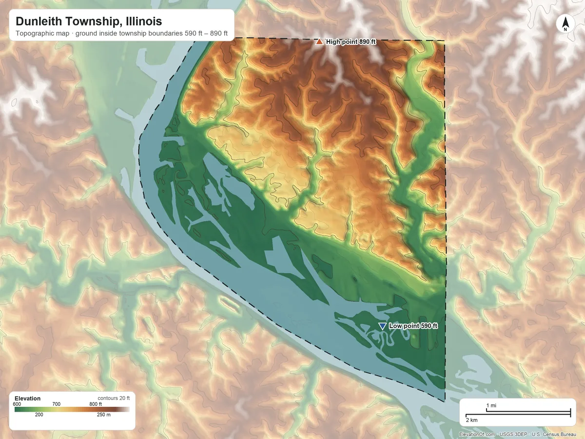 Topographic elevation map of Dunleith Township, Illinois, shaded from 590 ft on the southeast side to 890 ft on the north side