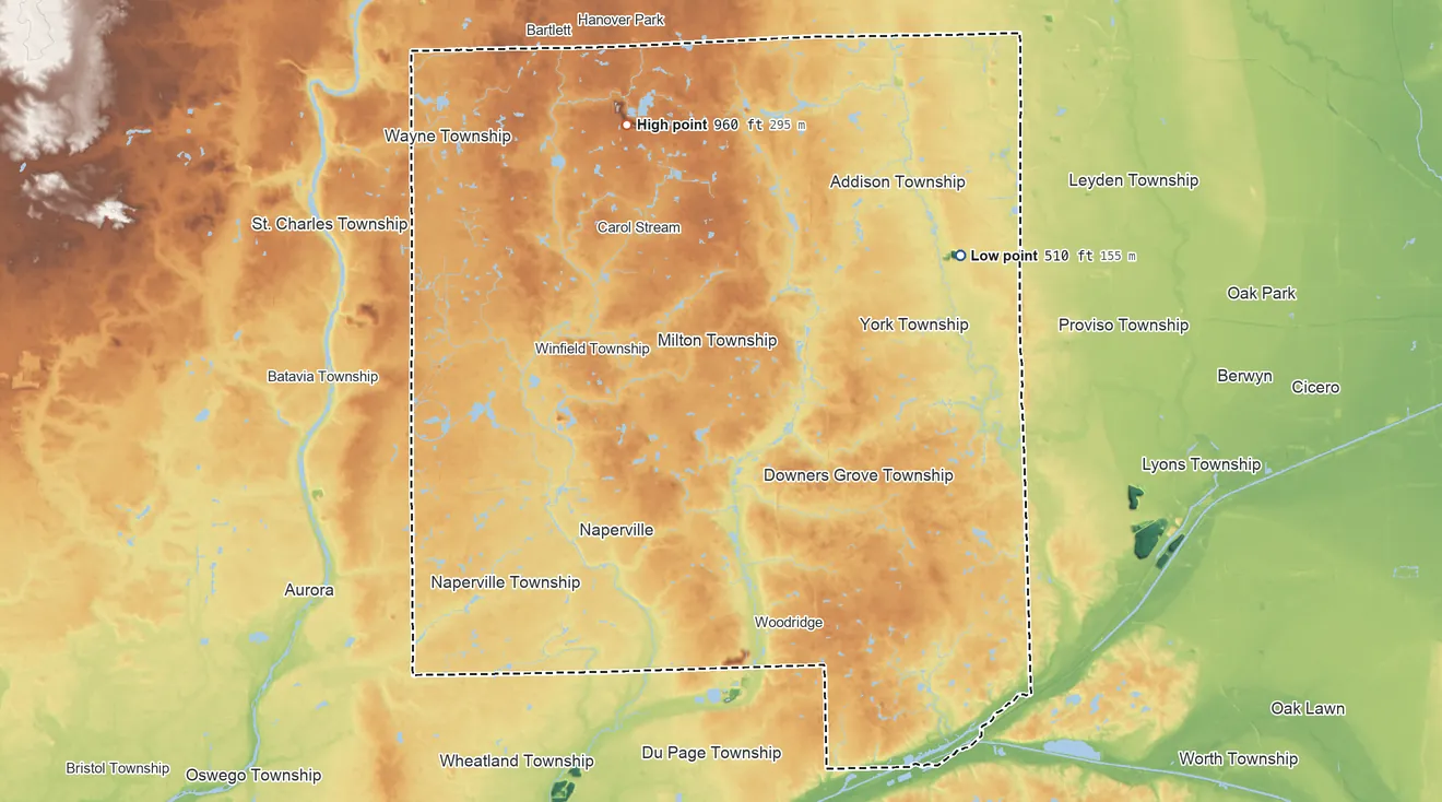 Topographic elevation map of DuPage County, Illinois, shaded from 510 ft on the northeast side to 960 ft on the north side