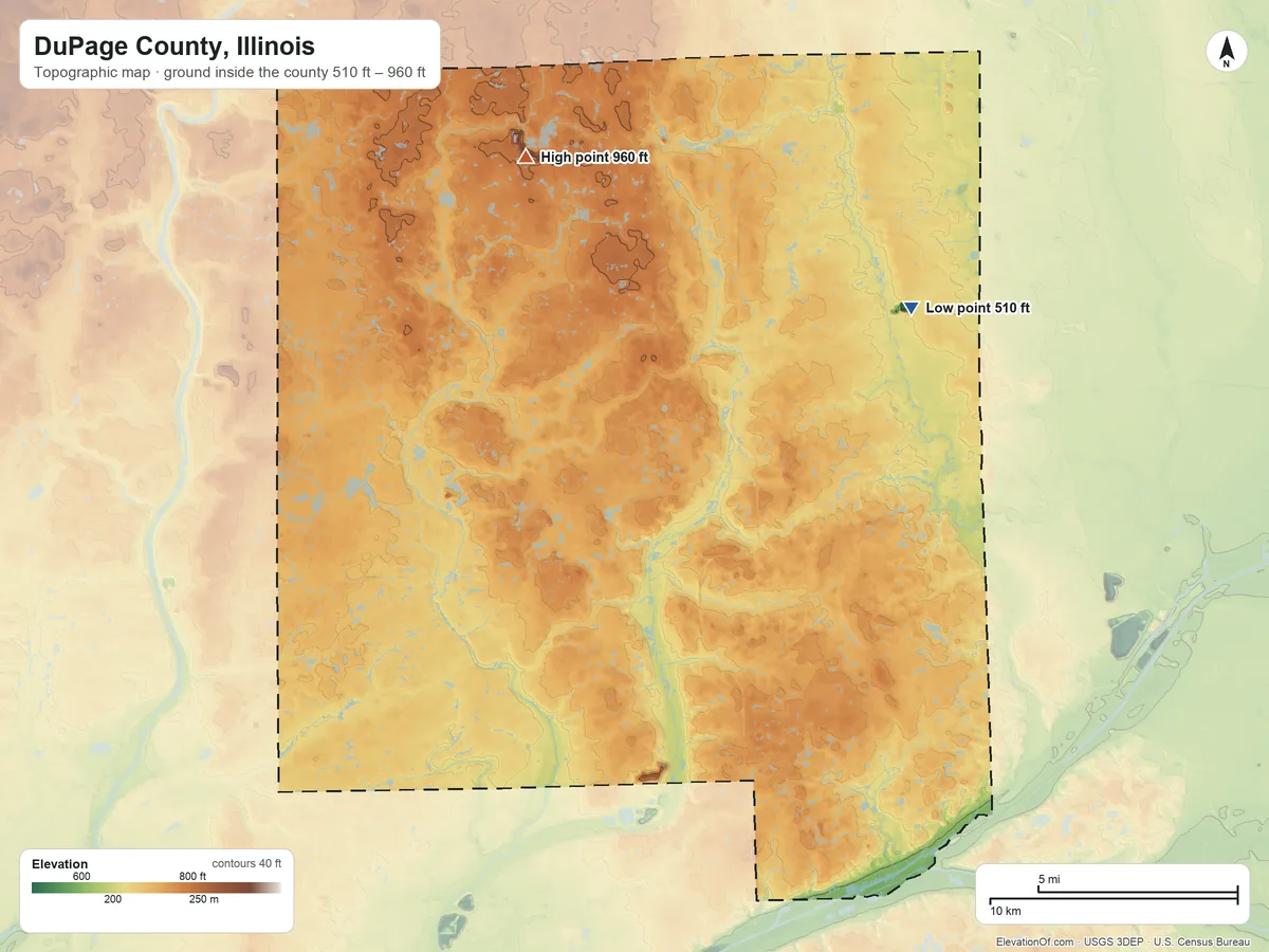 Topographic elevation map of DuPage County, Illinois, shaded from 510 ft on the northeast side to 960 ft on the north side