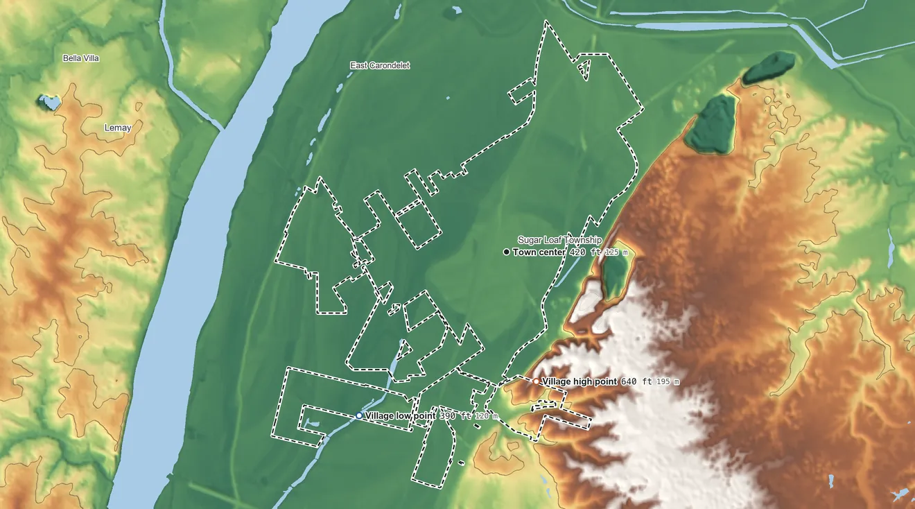 Topographic elevation map of Dupo, Illinois, shaded from 390 ft on the southwest side to 640 ft on the south side