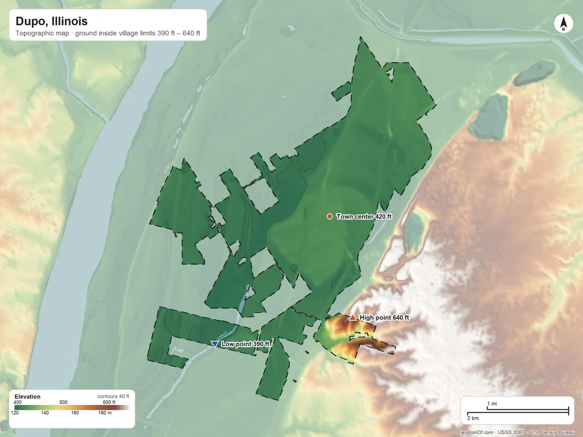 Topographic elevation map of Dupo, Illinois, shaded from 390 ft on the southwest side to 640 ft on the south side
